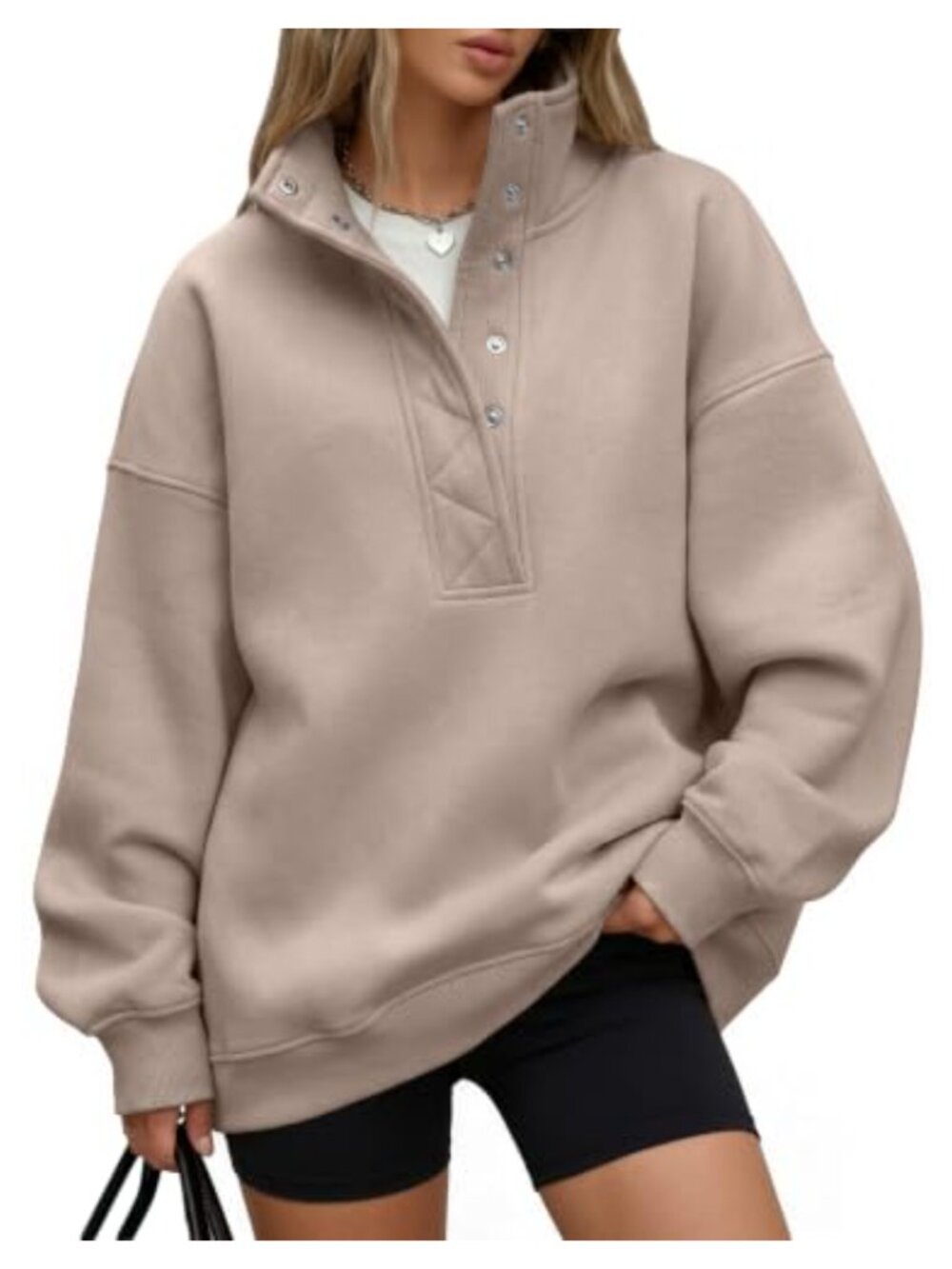Oversized Cotton Blend Sweatshirt Henley Snap Collar Pullover